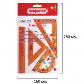 Набор чертежный ПИФАГОР (линейка 16 см, 2 треугольника, транспортир), неоновый, прозрачный, ассорти, 210851