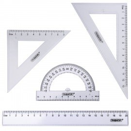 Набор чертежный ПИФАГОР (линейка 20 см, 2 треугольника, транспортир), прозрачный, 210852