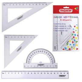 Набор чертежный ПИФАГОР (линейка 20 см, 2 треугольника, транспортир), прозрачный, 210852