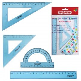 Набор чертежный ПИФАГОР (линейка 20 см, 2 треугольника, транспортир), тонированный, европодвес, 210854