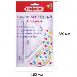 Набор чертежный ПИФАГОР (линейка 16см, 2 треугольника, транспортир), прозрачный, пастельные цвета, ассорти, 210855
