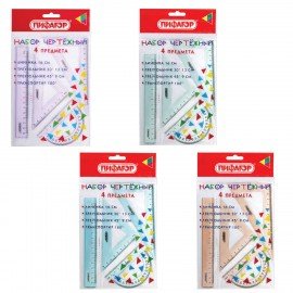 Набор чертежный ПИФАГОР (линейка 16см, 2 треугольника, транспортир), прозрачный, пастельные цвета, ассорти, 210855