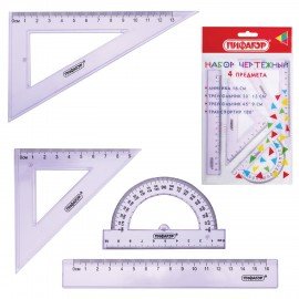 Набор чертежный ПИФАГОР (линейка 16см, 2 треугольника, транспортир), прозрачный, пастельные цвета, ассорти, 210855