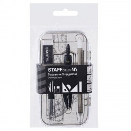 Готовальня STAFF, 9 предметов: циркуль 120 мм, чертежные принадлежности, механический карандаш, пластиковый пенал, 210863
