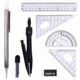 Готовальня STAFF, 9 предметов: циркуль 120 мм, чертежные принадлежности, механический карандаш, пластиковый пенал, 210863