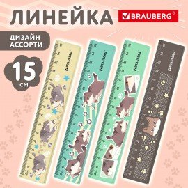 Линейка пластиковая 15 см BRAUBERG "CUTE CATS", с принтом, ассорти, 210865