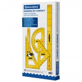 Набор чертежный для классной доски Compact (2 треугольника, транспортир, циркуль, складная линейка 100см), BRAUBERG, 210871, 210872