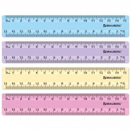 Линейки пластиковые 15 см пастельные BRAUBERG, НАБОР 4 штуки, непрозрачные, пенал, 210880