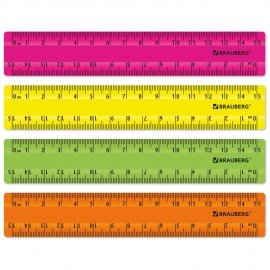 Линейки пластиковые 15 см неоновые BRAUBERG, НАБОР 4 штуки, непрозрачные, пенал, 210881