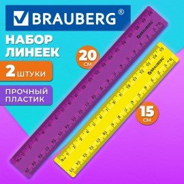 Линейки пластиковые 15, 20 см неоновые BRAUBERG, НАБОР 2 штук, непрозрачные, европодвес, 210887