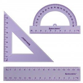 Набор чертежный BRAUBERG (линейка 15 см, треугольник, транспортир), фиолетовый, прозрачный, пенал, 210888