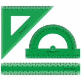 Набор чертежный BRAUBERG (линейка 15 см, треугольник, транспортир), зеленый, прозрачный, пенал, 210890