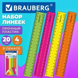 Линейки пластиковые 20 см неоновые BRAUBERG, НАБОР 4 штуки, непрозрачные, пенал, 210904