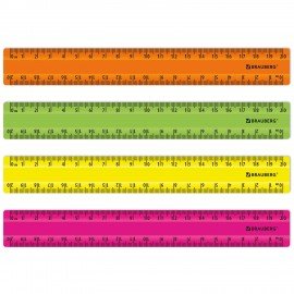 Линейки пластиковые 20 см неоновые BRAUBERG, НАБОР 4 штуки, непрозрачные, пенал, 210904