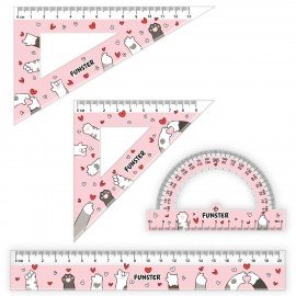 Набор чертежный FUNSTER (линейка 20 см, 2 треугольник, транспортир), "КОТЫ", пенал, 210912