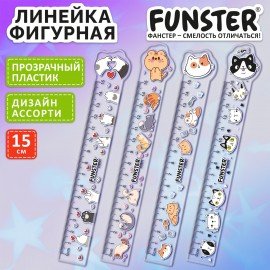 Линейка пластиковая 15 см фигурная, FUNSTER, "КОТЫ", прозрачная, ассорти, европодвес, 210921