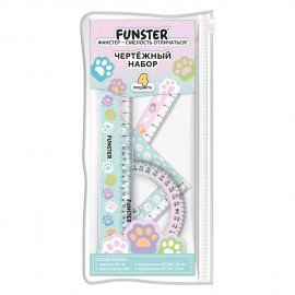 Набор чертежный FUNSTER (линейка 20 см, 2 треугольника, транспортир), кросс-серия КОШАЧЬИ ЛАПКИ, пенал на молнии, 210924