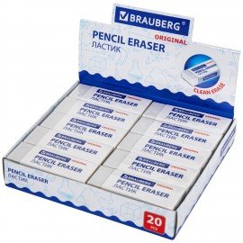 Ластик большой BRAUBERG "Original", 60х20х11 мм, белый, прямоугольный, картонный держатель, 221038