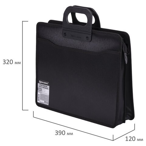 Папка-портфель пластиковая BRAUBERG А4+ (390х320х120 мм), 4 отделения, фактура под дерево, черная, 221391