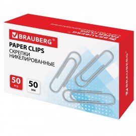 Скрепки большие 50 мм, BRAUBERG, никелированные, 50 шт., в картонной коробке, РОССИЯ, 221525