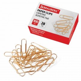 Скрепки BRAUBERG, 28 мм, золотистые, 100 шт., в картонной коробке, 221529