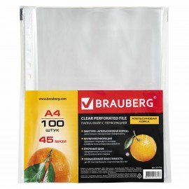 Папки-файлы перфорированные А4 BRAUBERG "PREMIUM", КОМПЛЕКТ 100 шт., матовые, 45 мкм, 221713