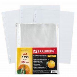 Папки-файлы перфорированные А4 BRAUBERG "PREMIUM", КОМПЛЕКТ 100 шт., матовые, 45 мкм, 221713