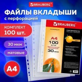 Папки-файлы перфорированные, А4, BRAUBERG "STANDARD", комплект 100 шт., матовые, 30 мкм, 221991