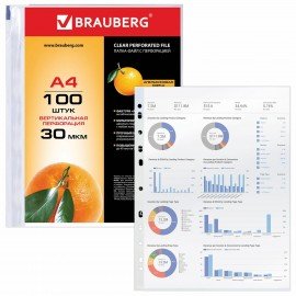 Папки-файлы перфорированные, А4, BRAUBERG "STANDARD", комплект 100 шт., матовые, 30 мкм, 221991