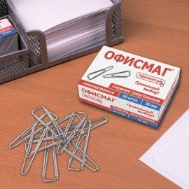 Скрепки большие 50 мм, ОФИСМАГ, никелированные, треугольные, 50 шт., в картонной коробке, 222093