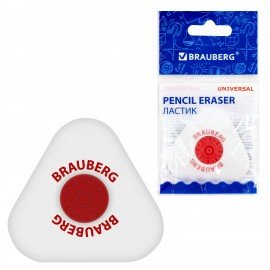 Ластик BRAUBERG "Universal", 45х45х10 мм, белый, треугольный, красный пластиковый держатель, 222473