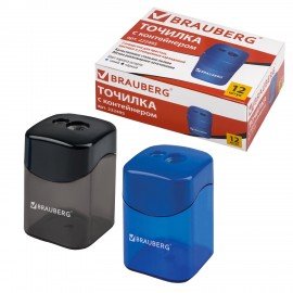 Точилка BRAUBERG "Win", 2 отверстия для чернографитных карандашей (в том числе утолщенных), с большим контейнером, с крышкой, ассорти,222495