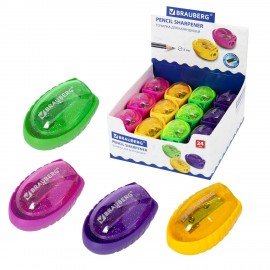 Точилка BRAUBERG "Shuttle", с контейнером, эллиптическая, ассорти, в картонном дисплее, 222505