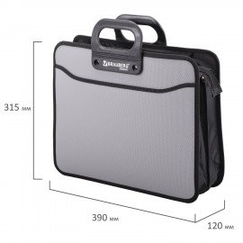 Папка-портфель пластиковая BRAUBERG ПРЕМЬЕР А4 (390х315х120 мм), 3 отделения, фактура "бисер", серая, 223083