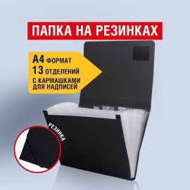 Папка на резинках BRAUBERG "Business", А4, 13 отделений, пластиковый индекс, черная, 0,5 мм, 224147