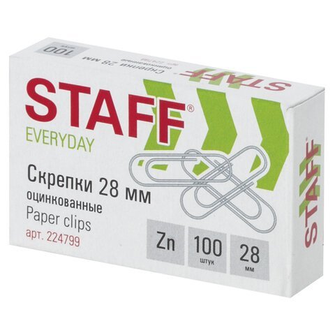 Скрепки STAFF "EVERYDAY", 28 мм, оцинкованные, 100 шт., в картонной коробке, Россия, 224799