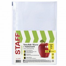 Папки-файлы перфорированные, А4, STAFF "STANDARD", КОМПЛЕКТ 100 шт., гладкие, 25 мкм, 224814