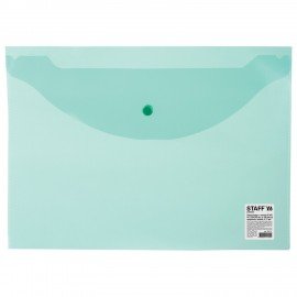 Папка-конверт с кнопкой STAFF, А4, до 100 листов, прозрачная, зеленая, 0,12 мм, 225171