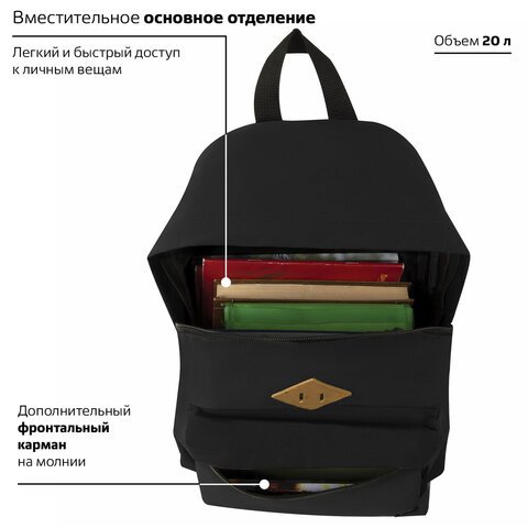 Рюкзак BRAUBERG СИТИ-ФОРМАТ один тон, универсальный, черный, 41х32х14 см, 225381