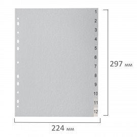 Разделитель пластиковый BRAUBERG, А4, 12 листов, цифровой 1-12, оглавление, серый, РОССИЯ, 225596