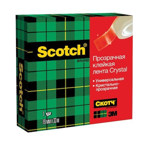 Клейкая лента канцелярская 19 мм х 33 м, прозрачная, картонная коробка, 50 мкм, SCOTCH "Crystal", 600RUS