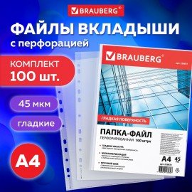 Папки-файлы перфорированные, А4, BRAUBERG "STANDARD", комплект 100 шт., гладкие, 45 мкм, 226831