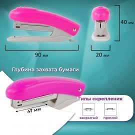 Степлер №10 BRAUBERG "Original", до 12 листов, с антистеплером, розовый, 227767