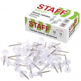 Силовые кнопки-гвоздики прозрачные STAFF 50 штук, в картонной коробке, 227804