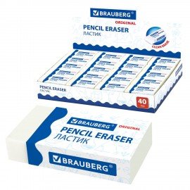 Ластик BRAUBERG "Original", 38х20х10 мм, белый, прямоугольный, картонный держатель, 228073