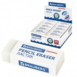 Ластик BRAUBERG "Original", 45х17х10 мм, белый, прямоугольный, экологичный ПВХ, картонный держатель, 228076