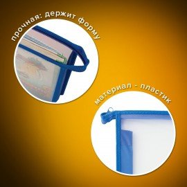 Папка для тетрадей А4 ПИФАГОР, пластик, молния сверху, прозрачная, синяя, 228209