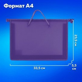 Папка на молнии с ручками ПИФАГОР, А4, 1 отделение, пластик, 55 мм, фиолетовая, 228237