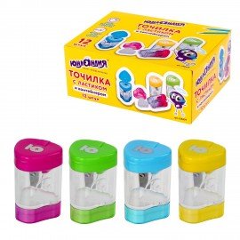 Точилка ЮНЛАНДИЯ "Трио +", со стирательной резинкой, с контейнером, пластиковая, ассорти, 228439