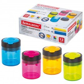 Точилка BRAUBERG "Office Round", 2 отверстия для чернографитных карандашей (в том числе утолщенных), с контейнером, ассорти, 228446